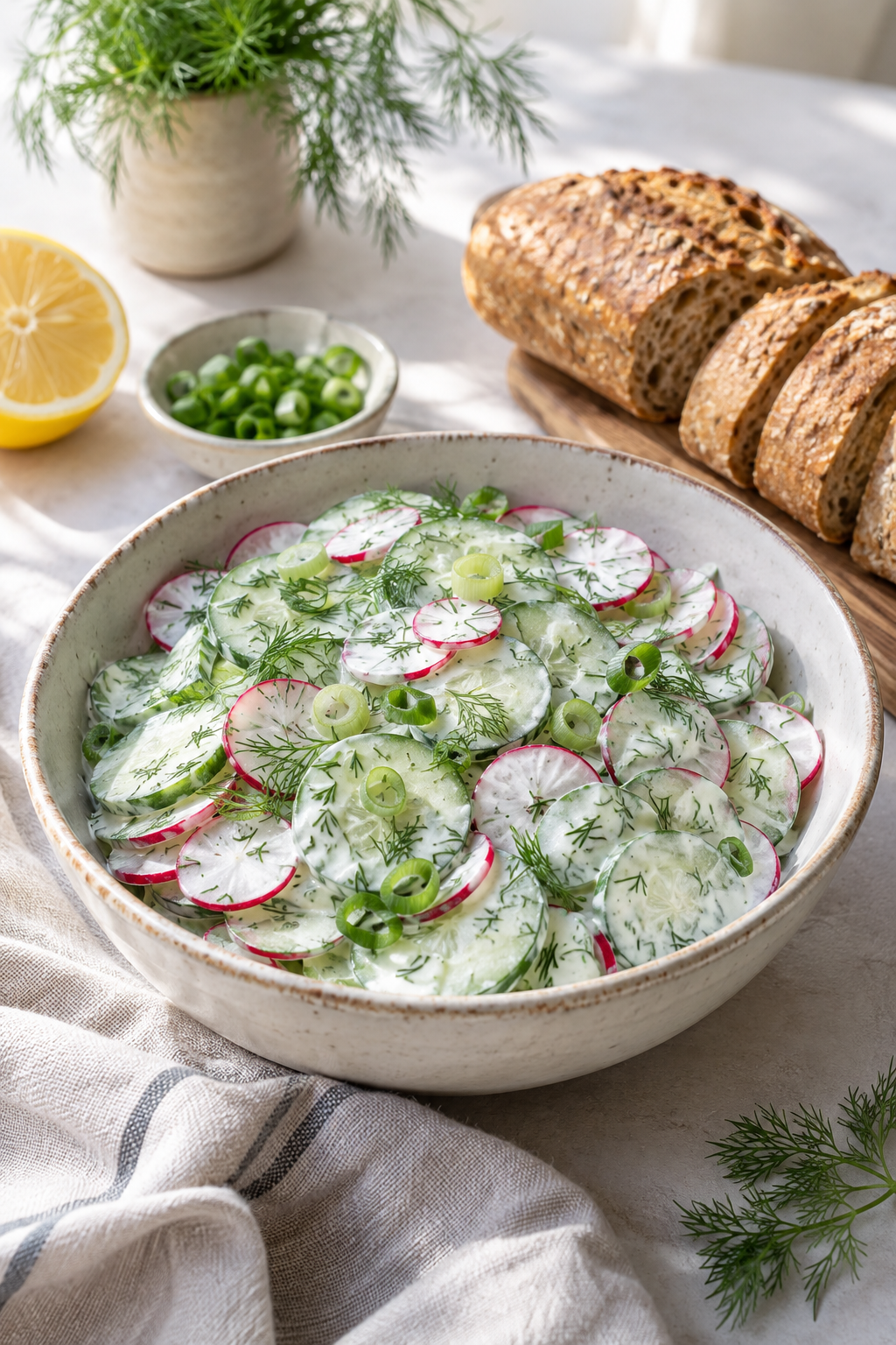 Gurken-Radieschen-Salat mit Dill und Vollkornbaguette