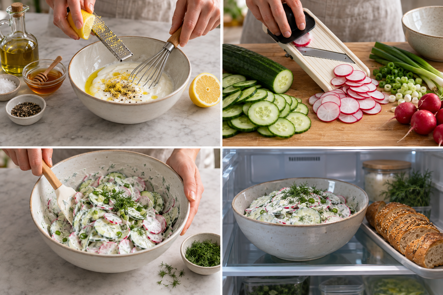 Vier Schritte zur Zubereitung von Gurken-Radieschen-Salat