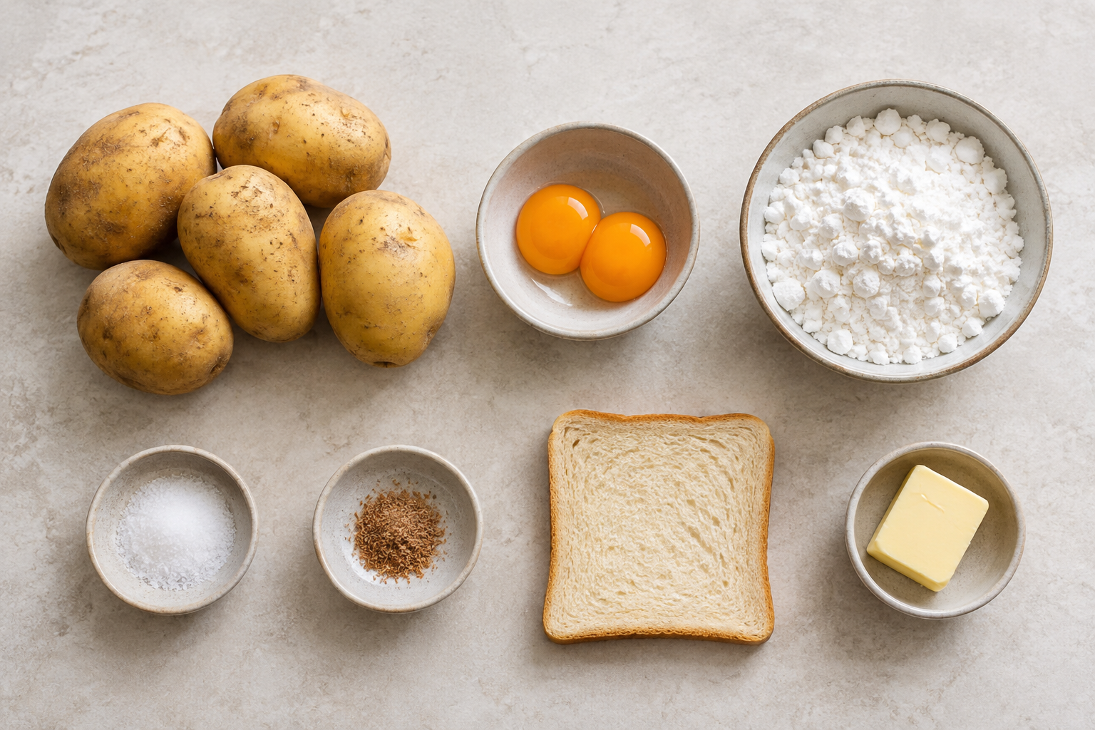 Sieben Zutaten für Kartoffelklöße: Kartoffeln, Eigelb, Speisestärke, Salz, Muskat, Toastbrot und Butter