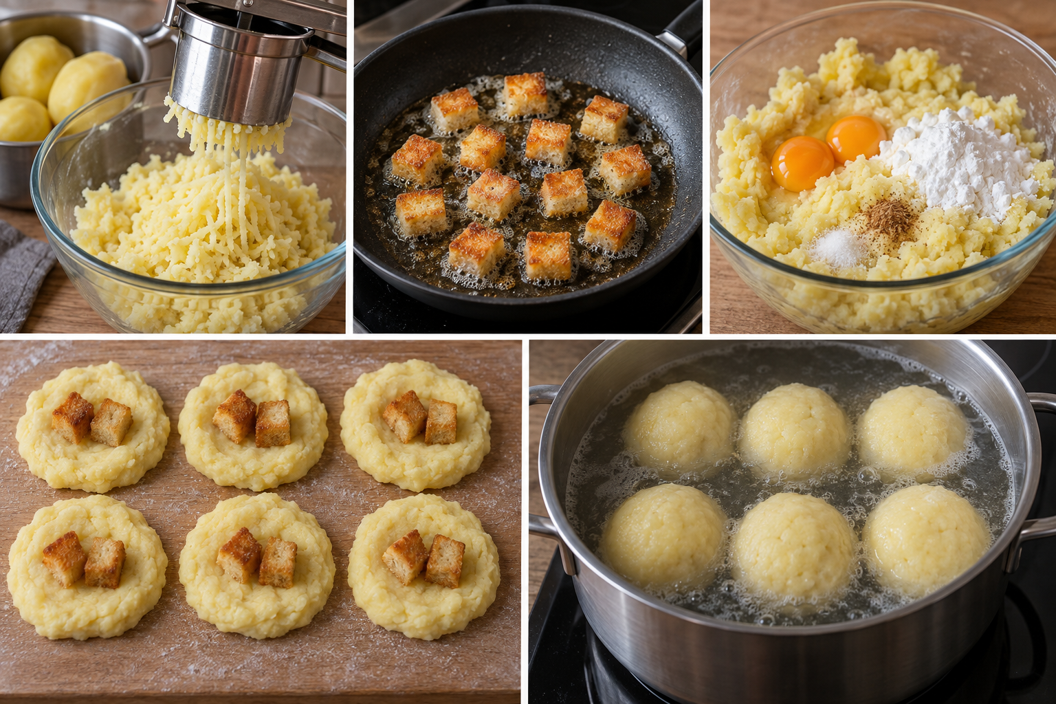 Fünf Zubereitungsschritte für Kartoffelklöße aus gekochten Kartoffeln