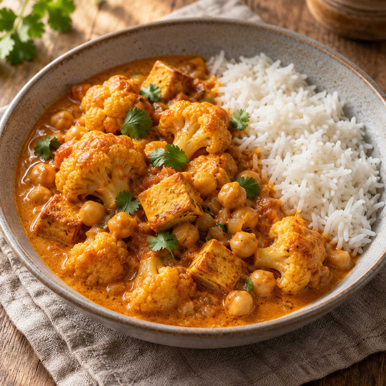 Blumenkohl-Curry mit Kokosmilch, Tofu, Kichererbsen und Reis
