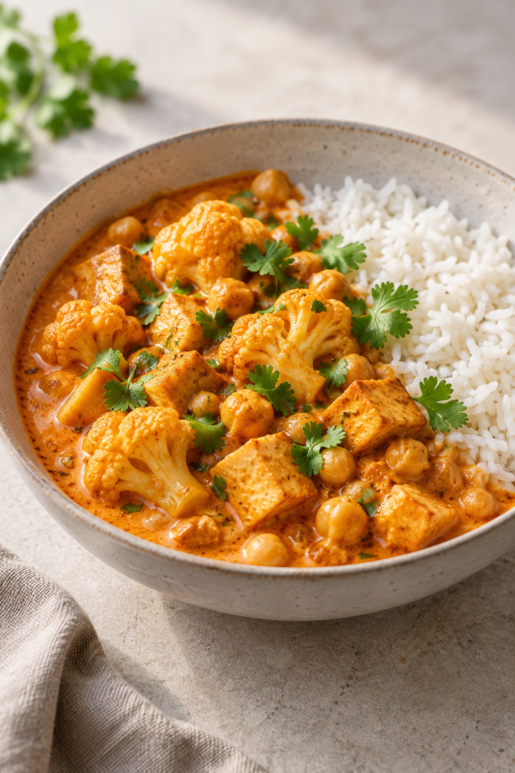 Würziges Blumenkohl-Curry mit Kokosmilch und Reis