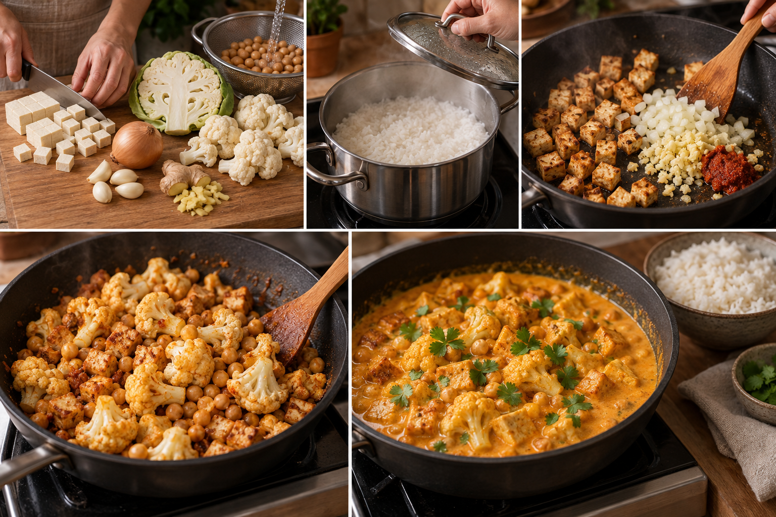 Fünf Zubereitungsschritte für Blumenkohl-Curry mit Kokosmilch