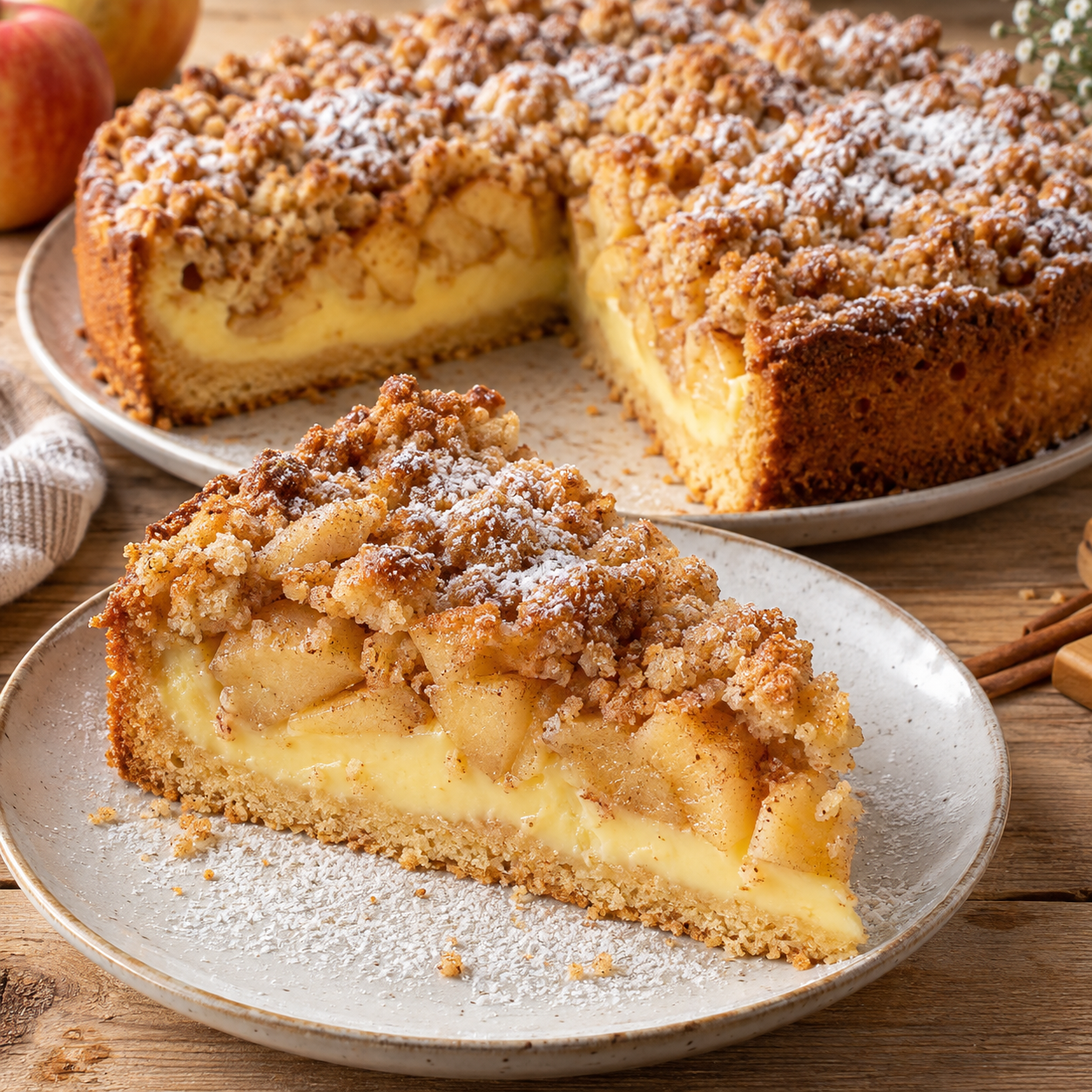 Apfelkuchen mit Pudding und Zimtstreuseln