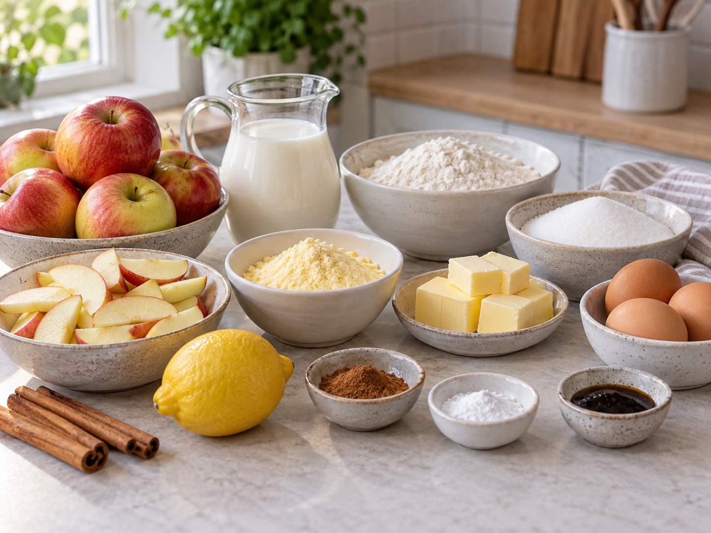 Zutaten für Apfelkuchen mit Pudding und Zimtstreuseln