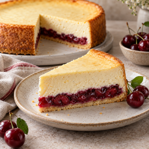 Vanille-Käsekuchen mit Kirschen, fruchtig und cremig