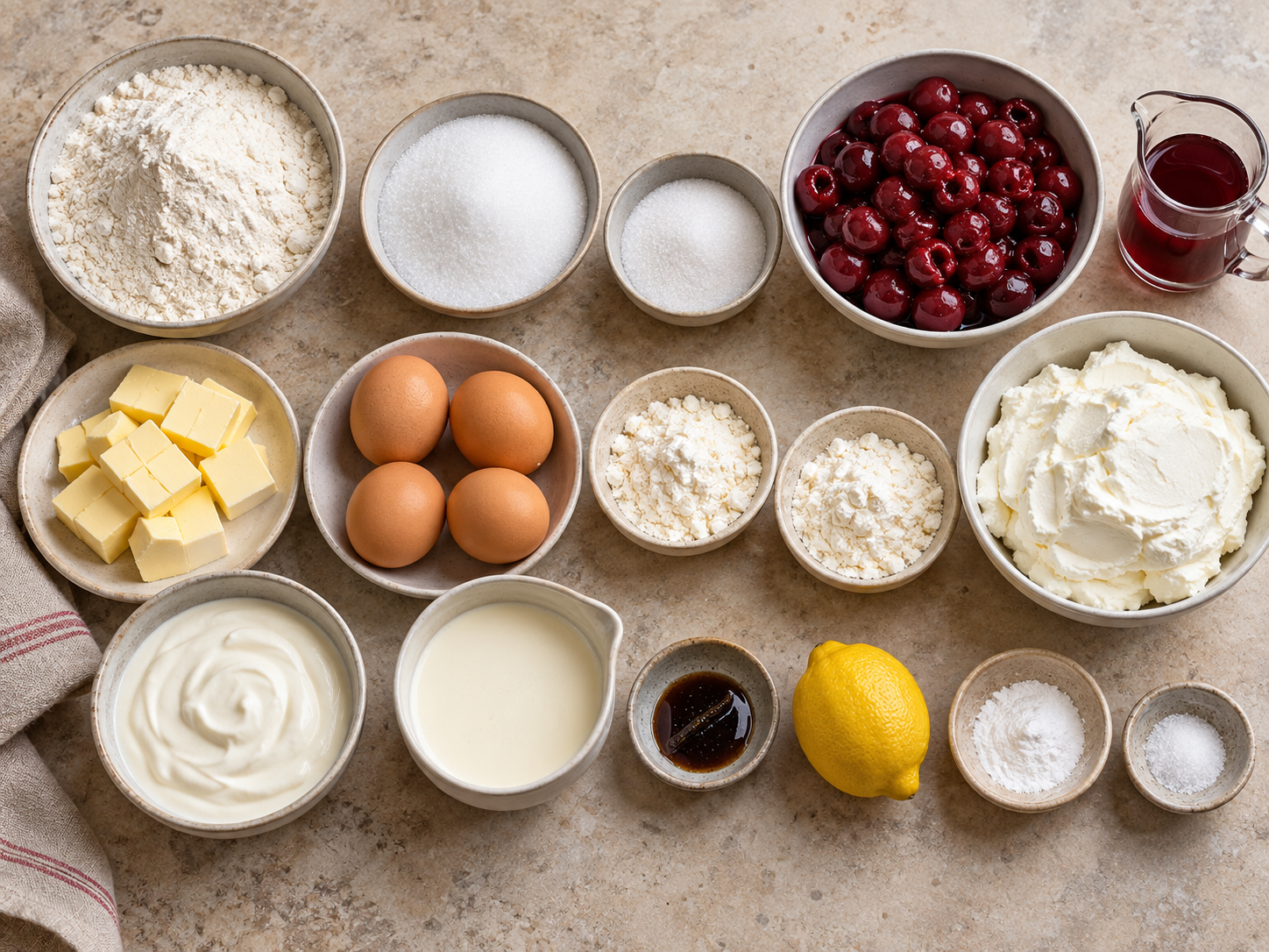 Zutaten für Vanille-Käsekuchen mit Kirschen, fruchtig und cremig
