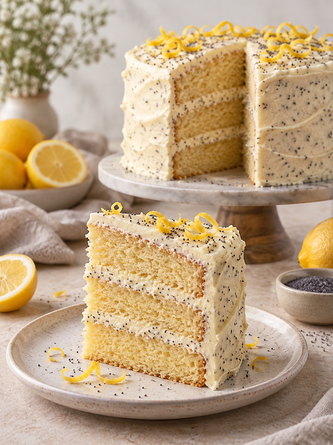 Zitronen-Schichtkuchen mit Zitronen-Mohn-Buttercreme – Rezeptübersicht