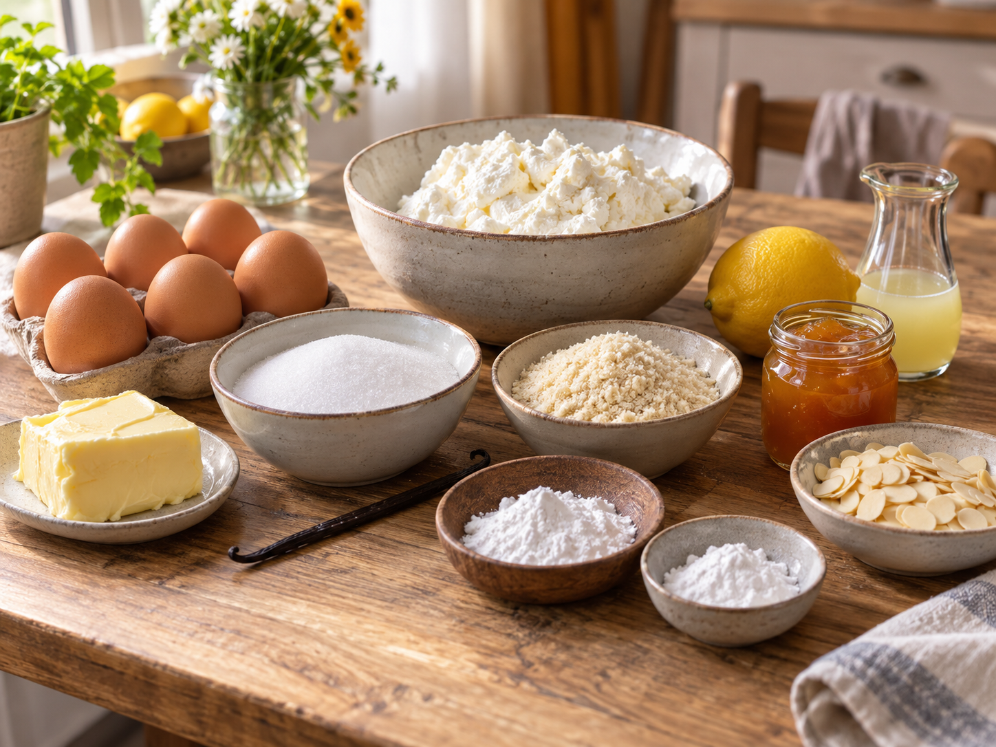 Zutaten für Topfentorte mit Mandeln und Marillenkonfitüre