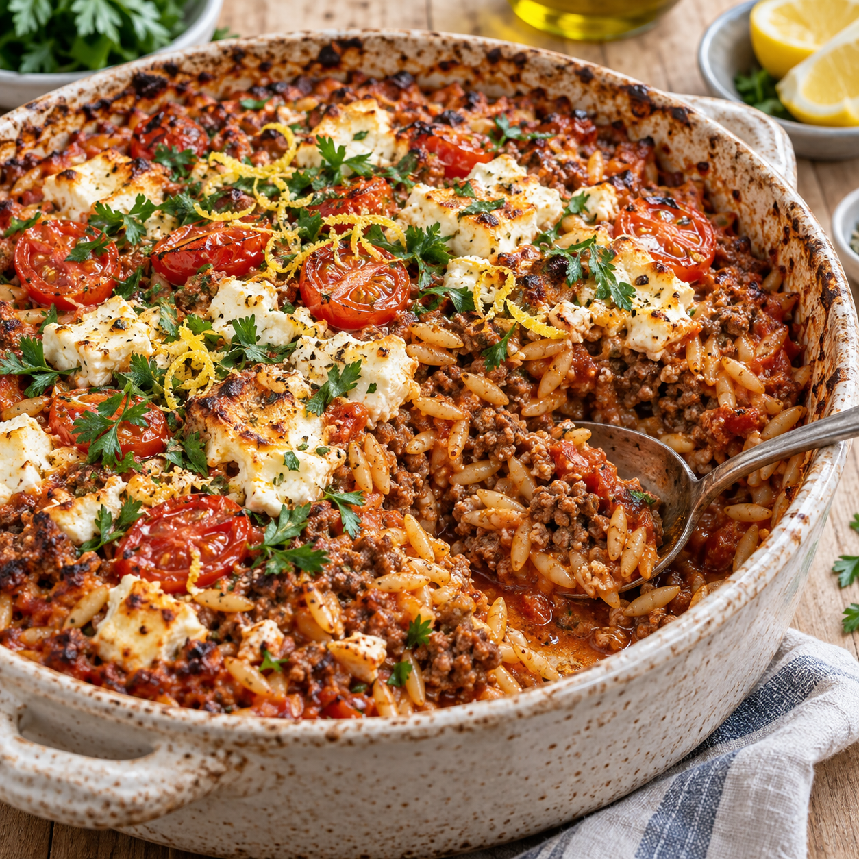 Griechischer Hackauflauf mit Kritharaki und Feta, mediterran und deftig