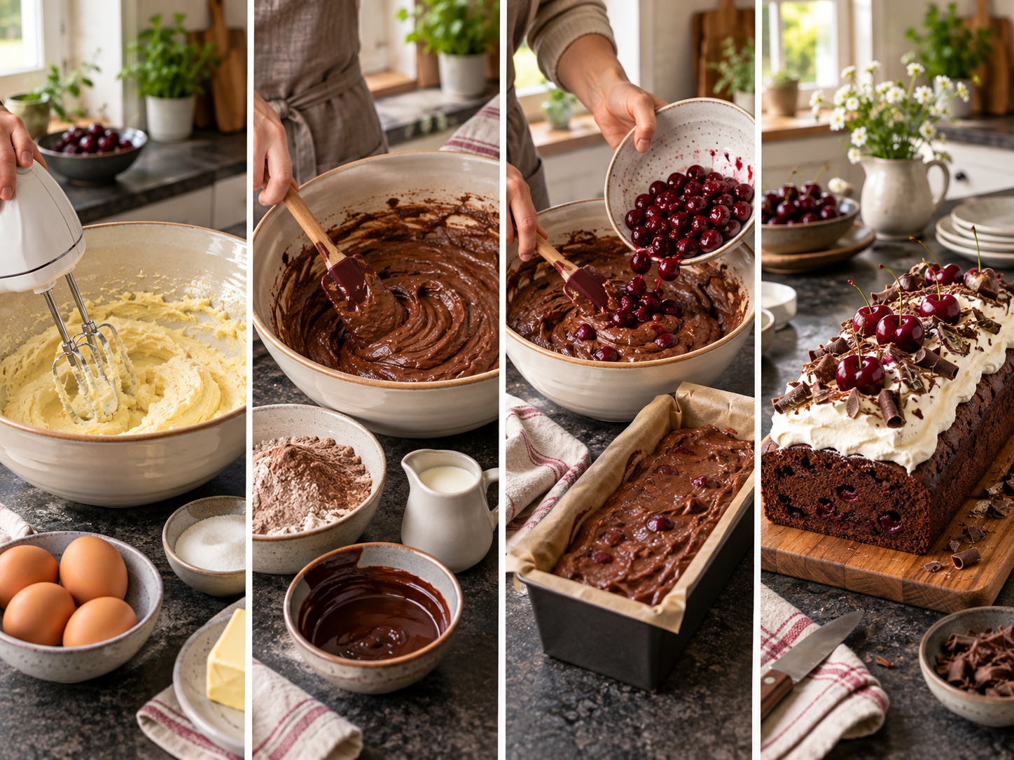 Zubereitungsschritte für Black Forest Loaf Cake mit Schokolade und Kirschen