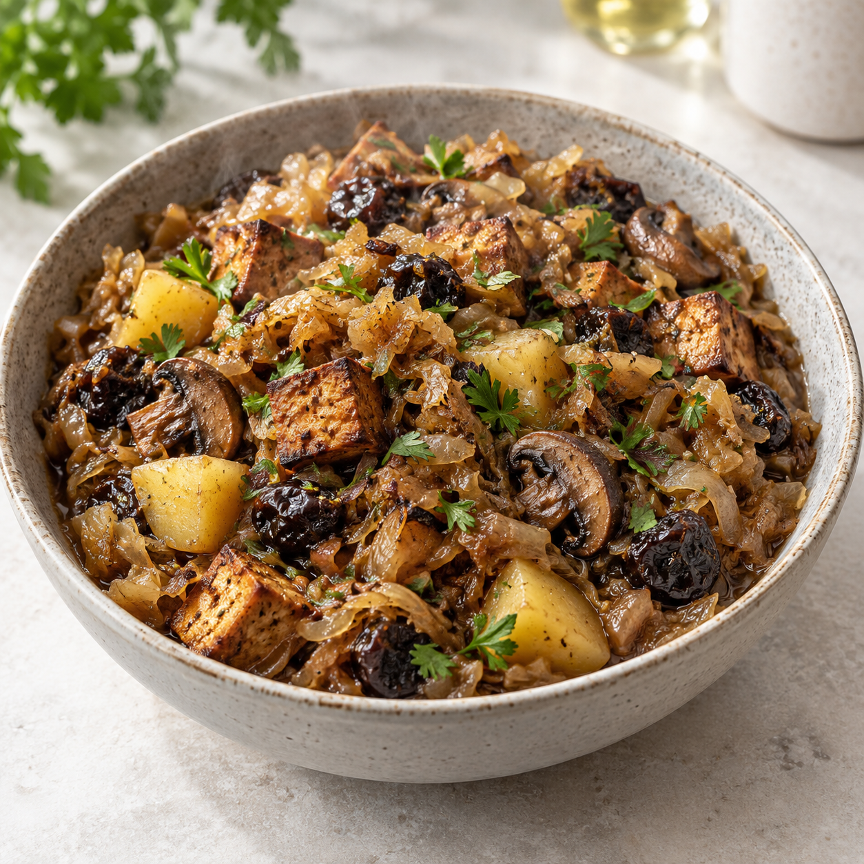 Vegetarisches Bigos mit Sauerkraut, Räuchertofu, Pilzen und Kartoffeln