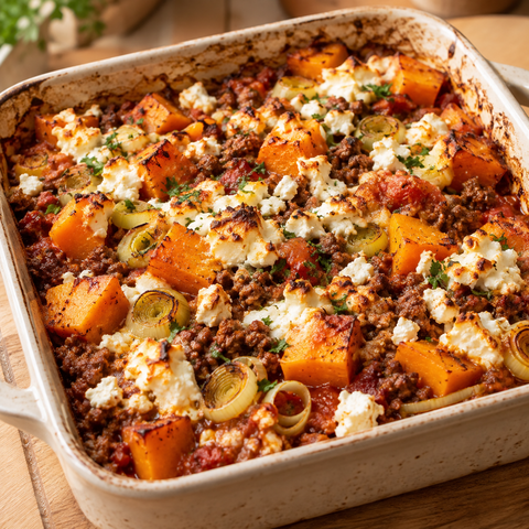 Kürbisauflauf mit Feta, würzig und lecker