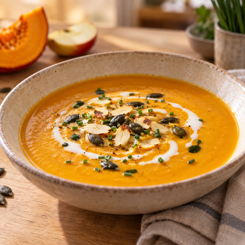 Cremige Kürbissuppe mit Apfel, Mandeln, Kürbiskernen und Schnittlauch