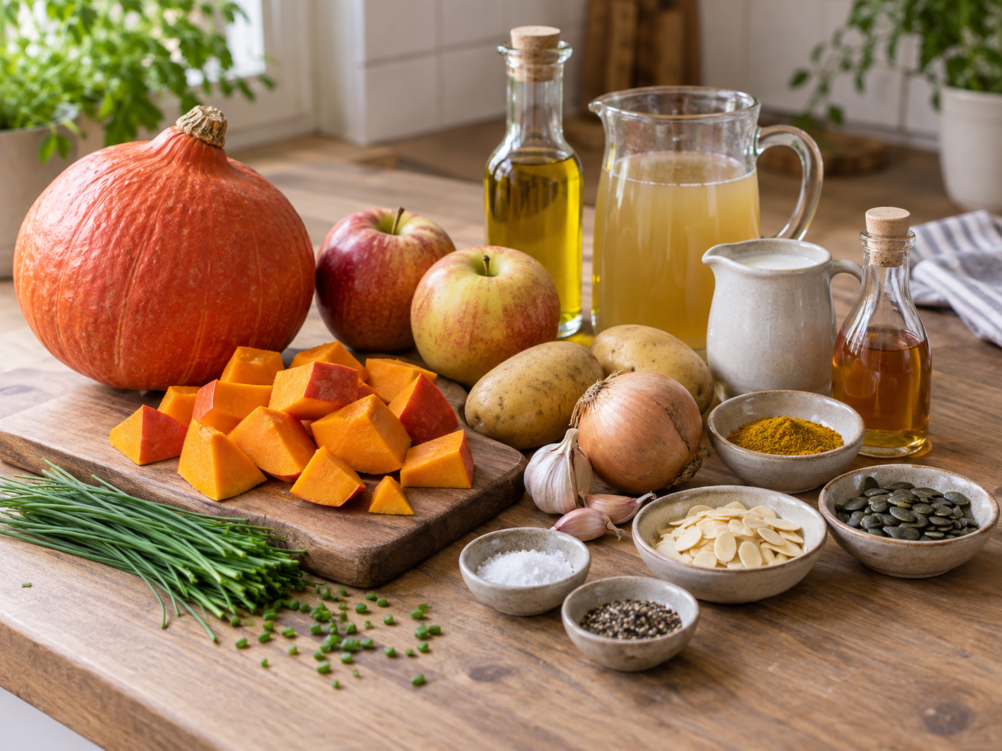 Zutaten für Kürbissuppe mit Apfel auf einer hellen Holzfläche