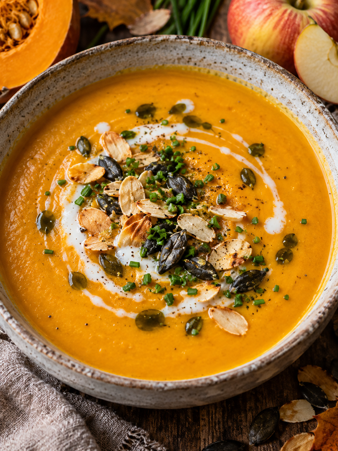 Cremige Kürbissuppe mit Apfel und knusprigem Topping