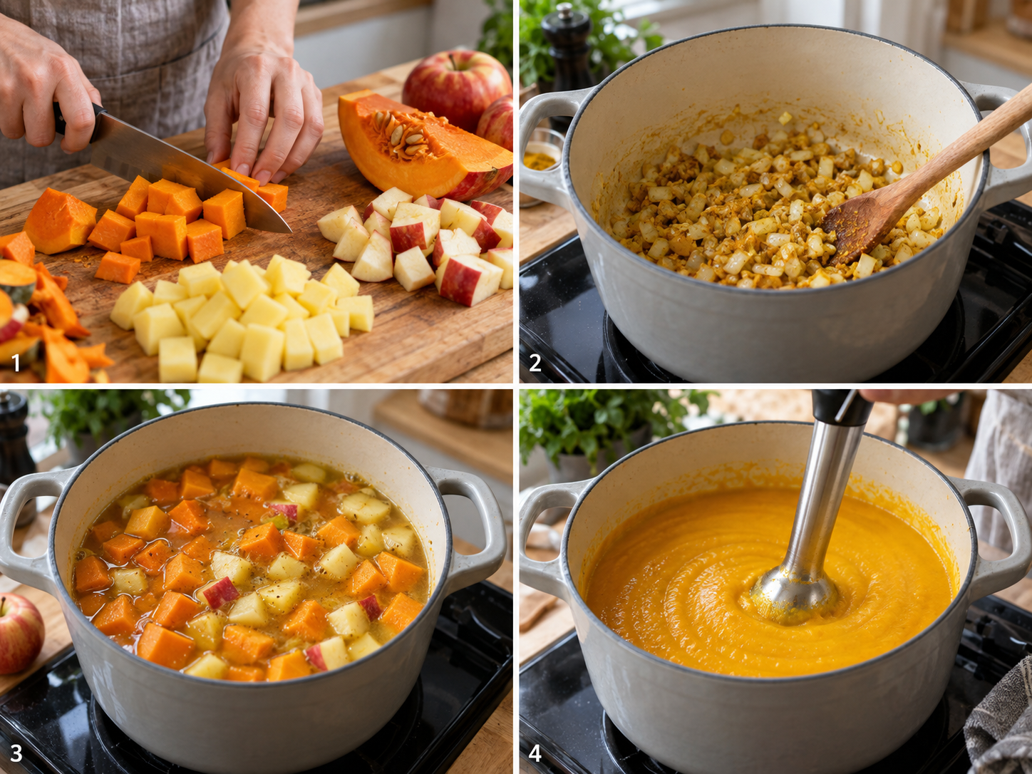 Vier Zubereitungsschritte für Kürbissuppe mit Apfel