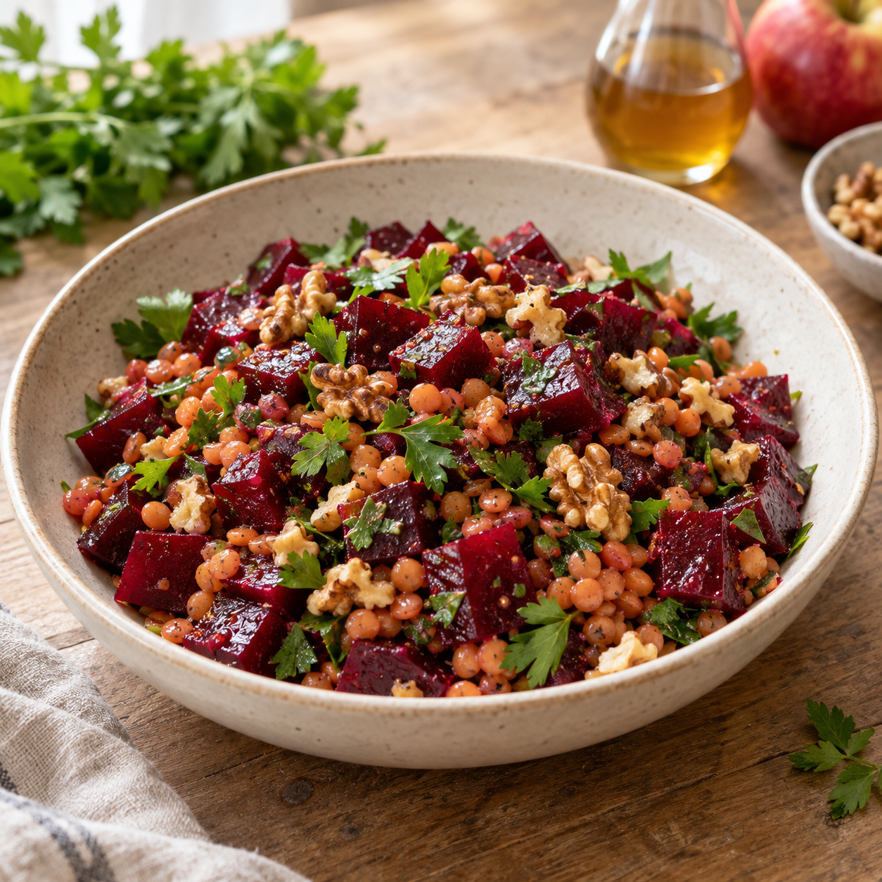 Rote-Bete-Linsen-Salat mit Petersilie und Walnüssen