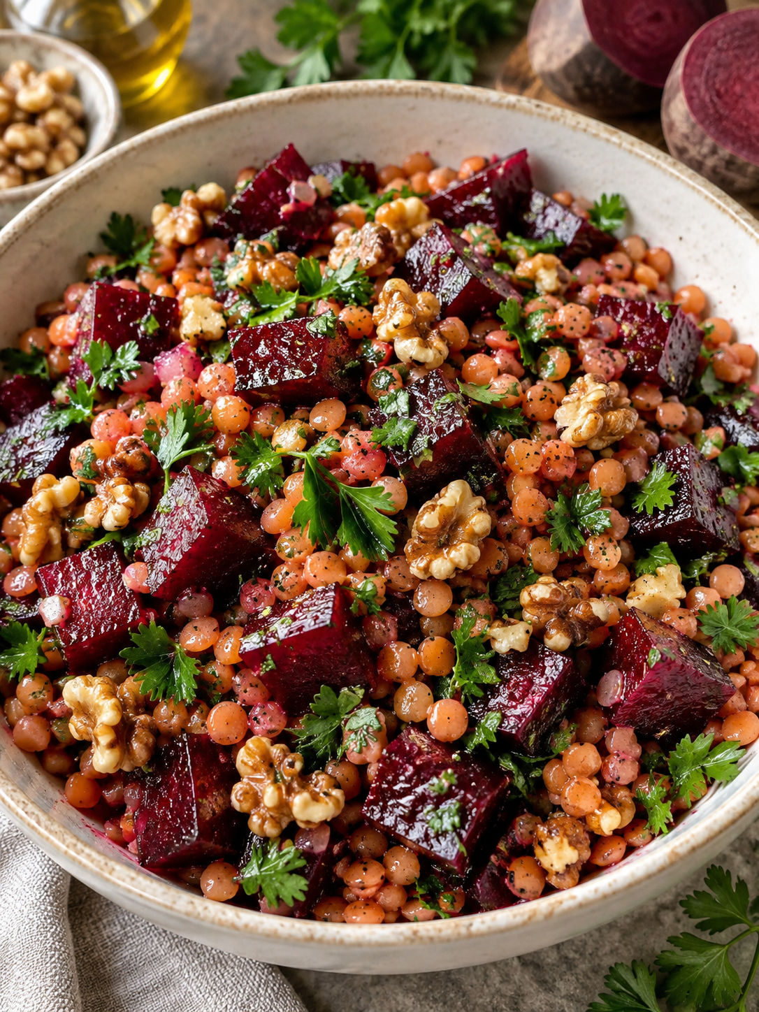 Rote-Bete-Linsen-Salat im Hochformat