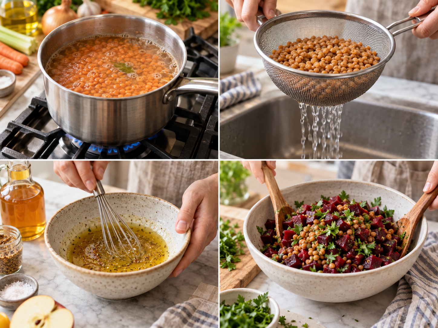 Zubereitung von Rote-Bete-Linsen-Salat in vier Schritten
