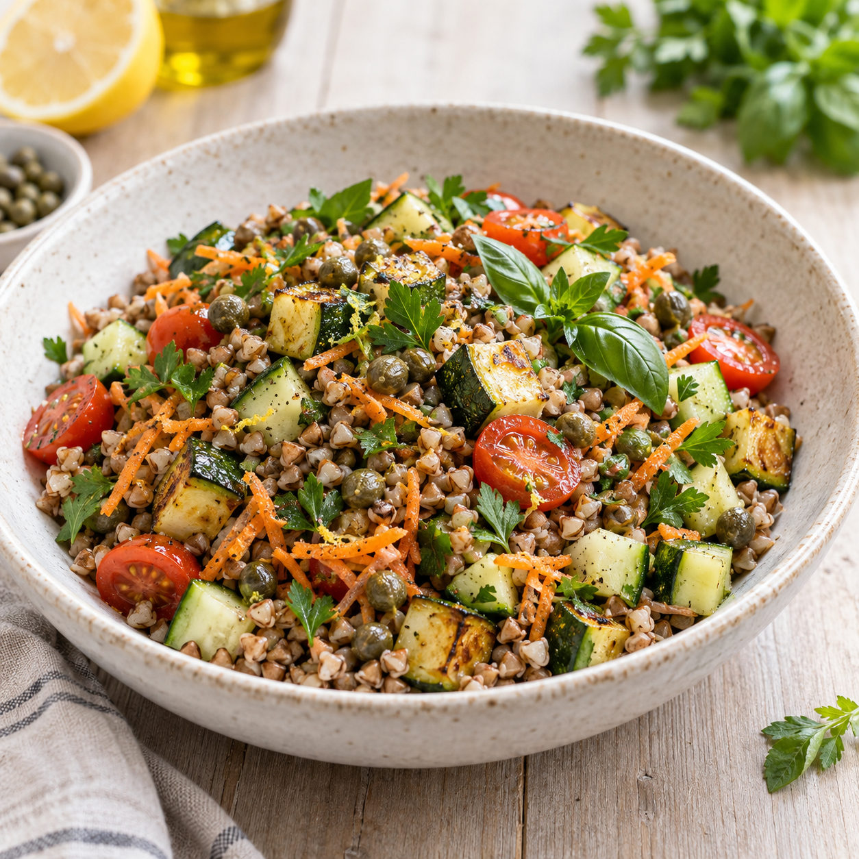 Mediterraner Buchweizensalat mit Zucchini, Tomaten und Kräutern