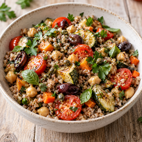 Mediterraner Buchweizensalat mit Tomaten, Oliven und Kräutern