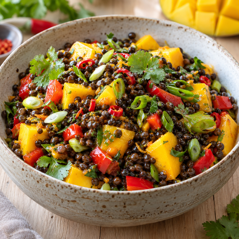Linsensalat mit Mango, Paprika, Koriander und Chili in einer Schale