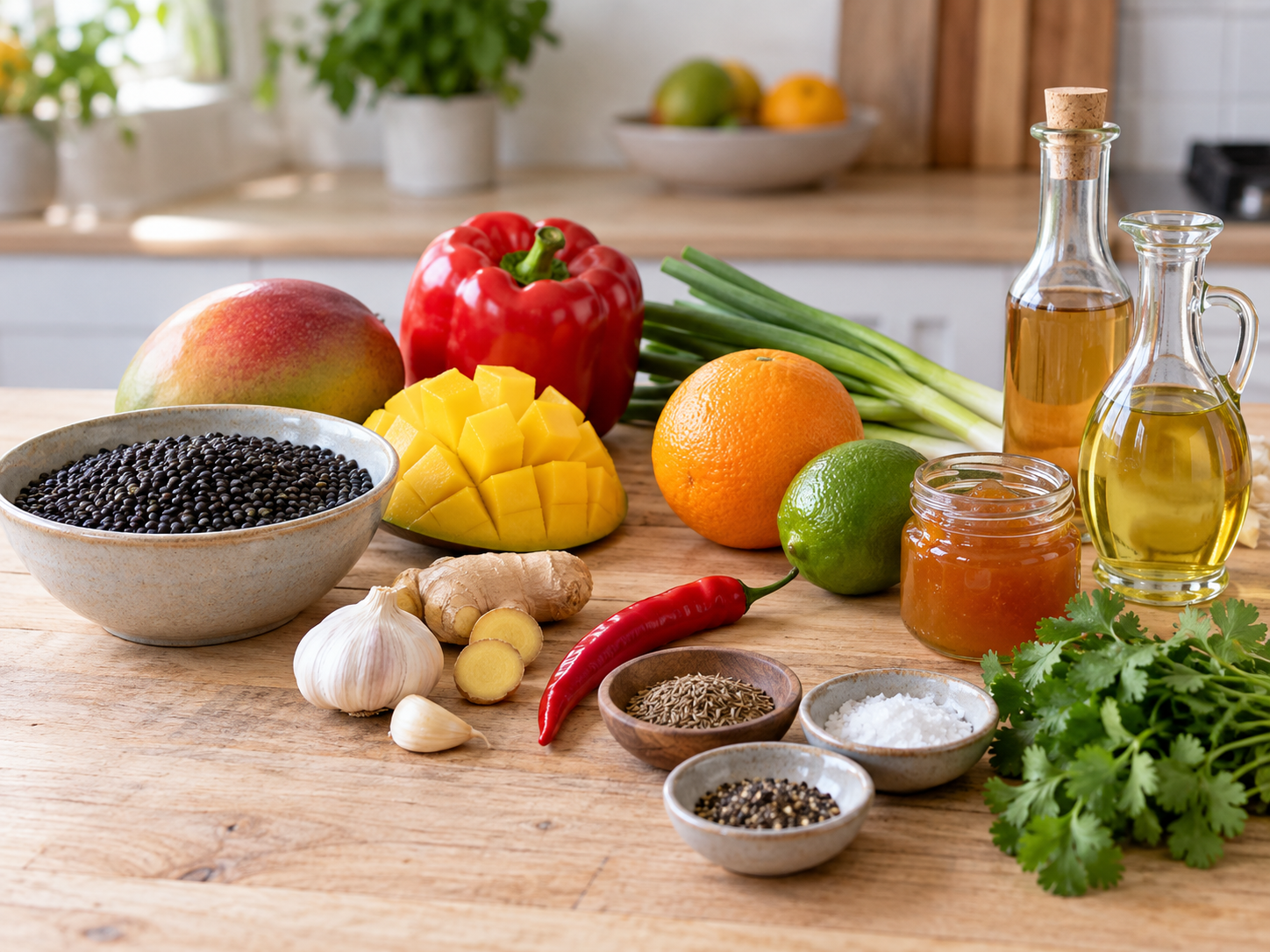 Zutaten für Linsensalat mit Mango auf hellem Holz
