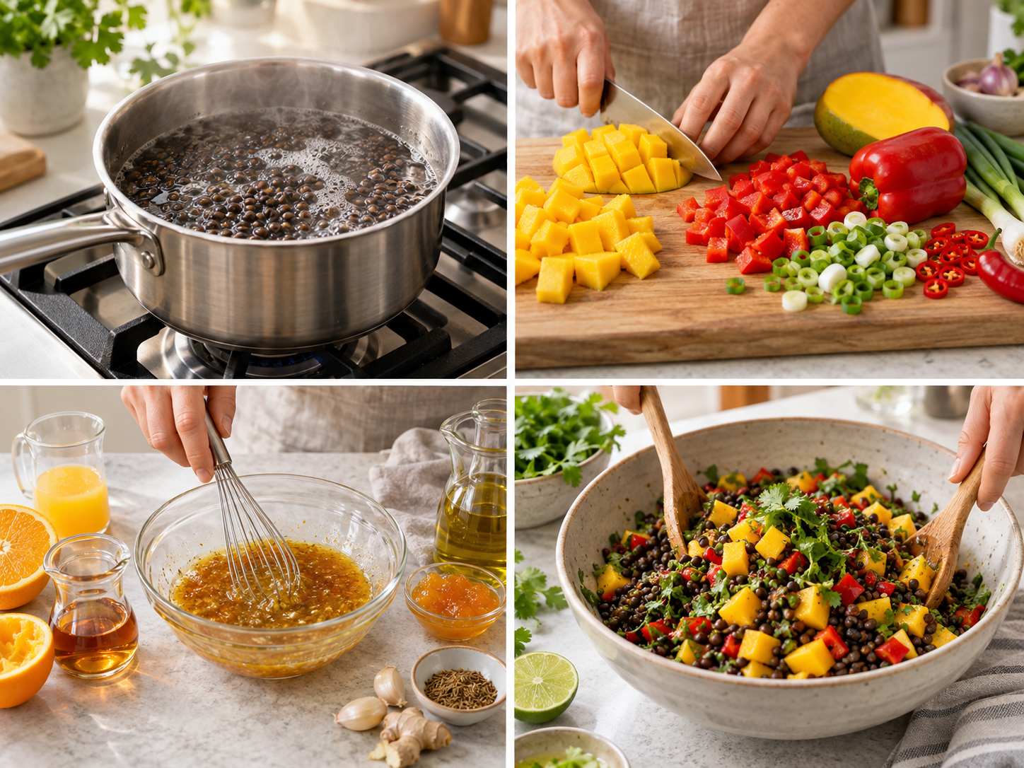 Vier Schritte für Linsensalat mit Mango vom Kochen bis zum Mischen