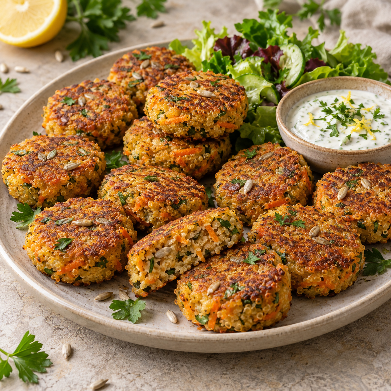 Goldbraune vegane Quinoa-Bratlinge mit Möhre, Kräutern und Dip