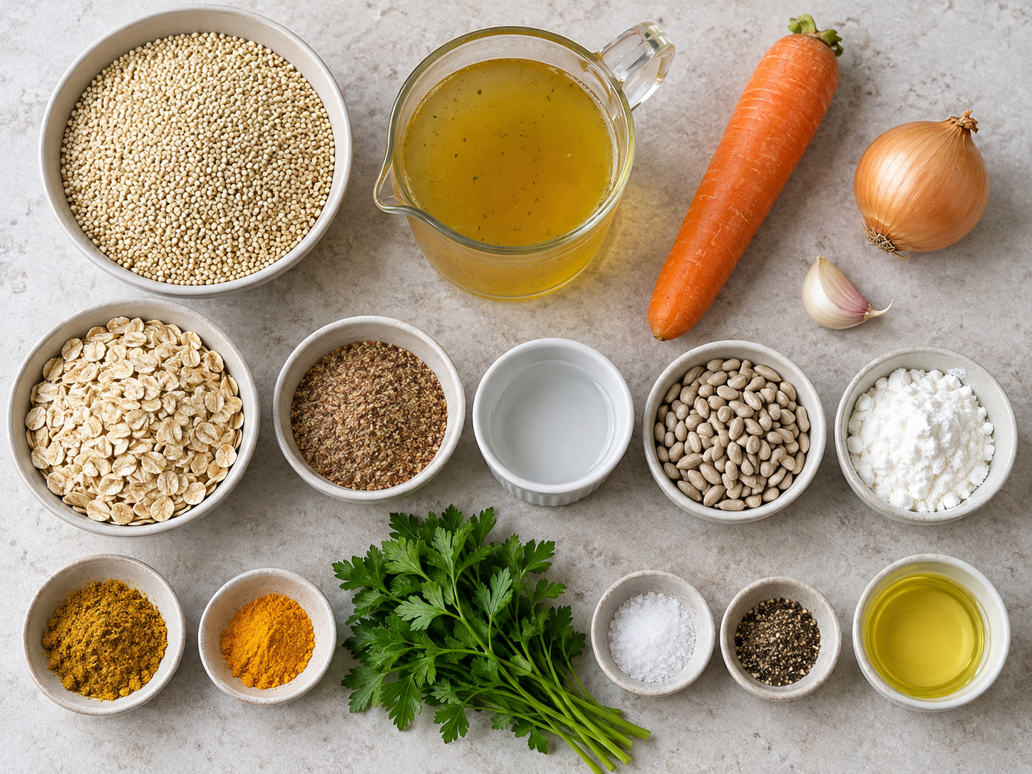 Zutaten für vegane Quinoa-Bratlinge übersichtlich angeordnet