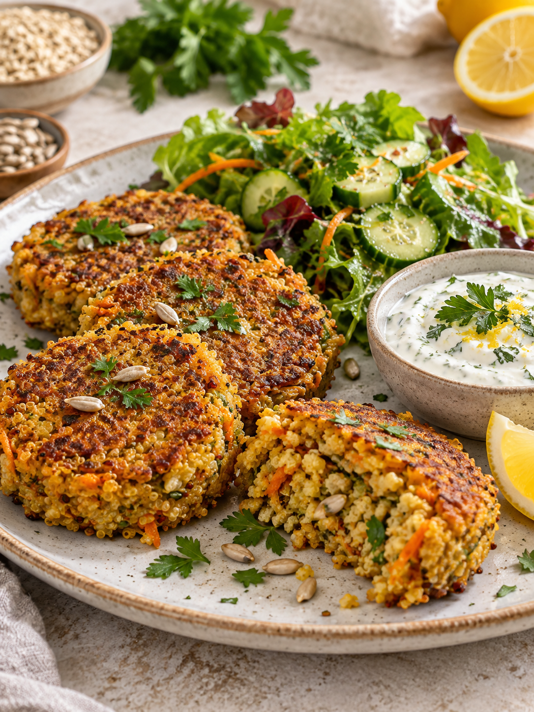 Knusprige Quinoa-Bratlinge mit Salat und Kräuterdip