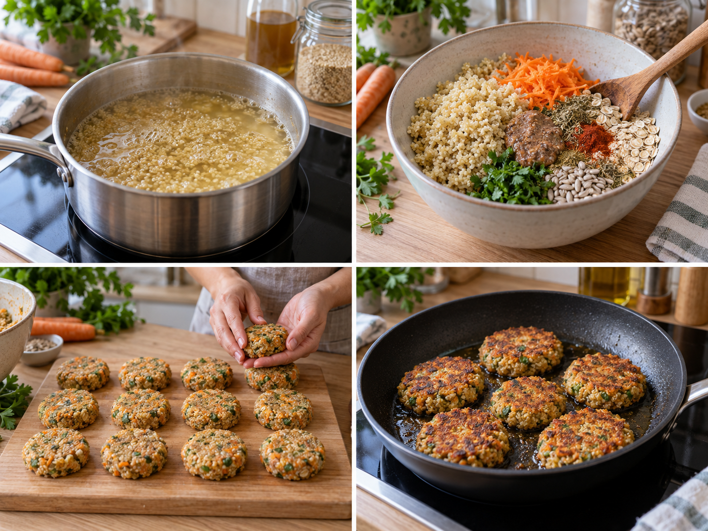 Quinoa kochen, Bratlingsmasse mischen, Taler formen und goldbraun braten