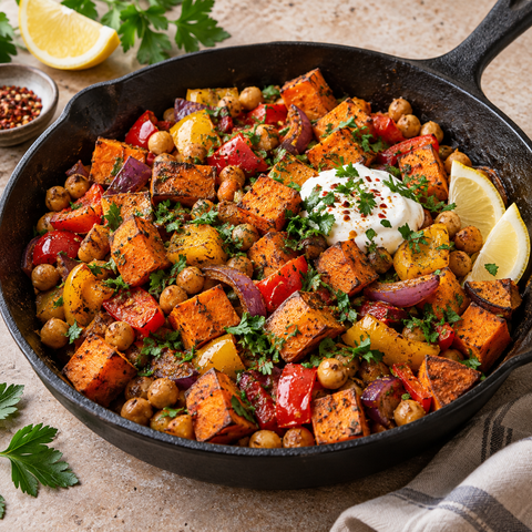 Bunte Süßkartoffel-Pfanne mit Paprika, Kichererbsen und Schmand