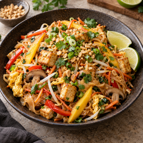 Vegetarisches Pad Thai mit Tofu, Mango und Erdnüssen