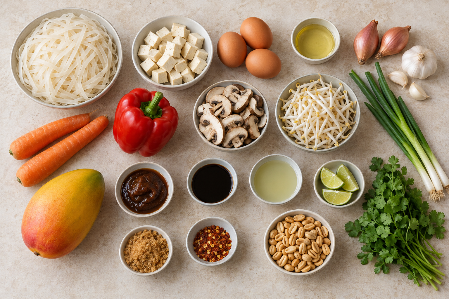 Zutaten für vegetarisches Pad Thai mit Tofu und Mango
