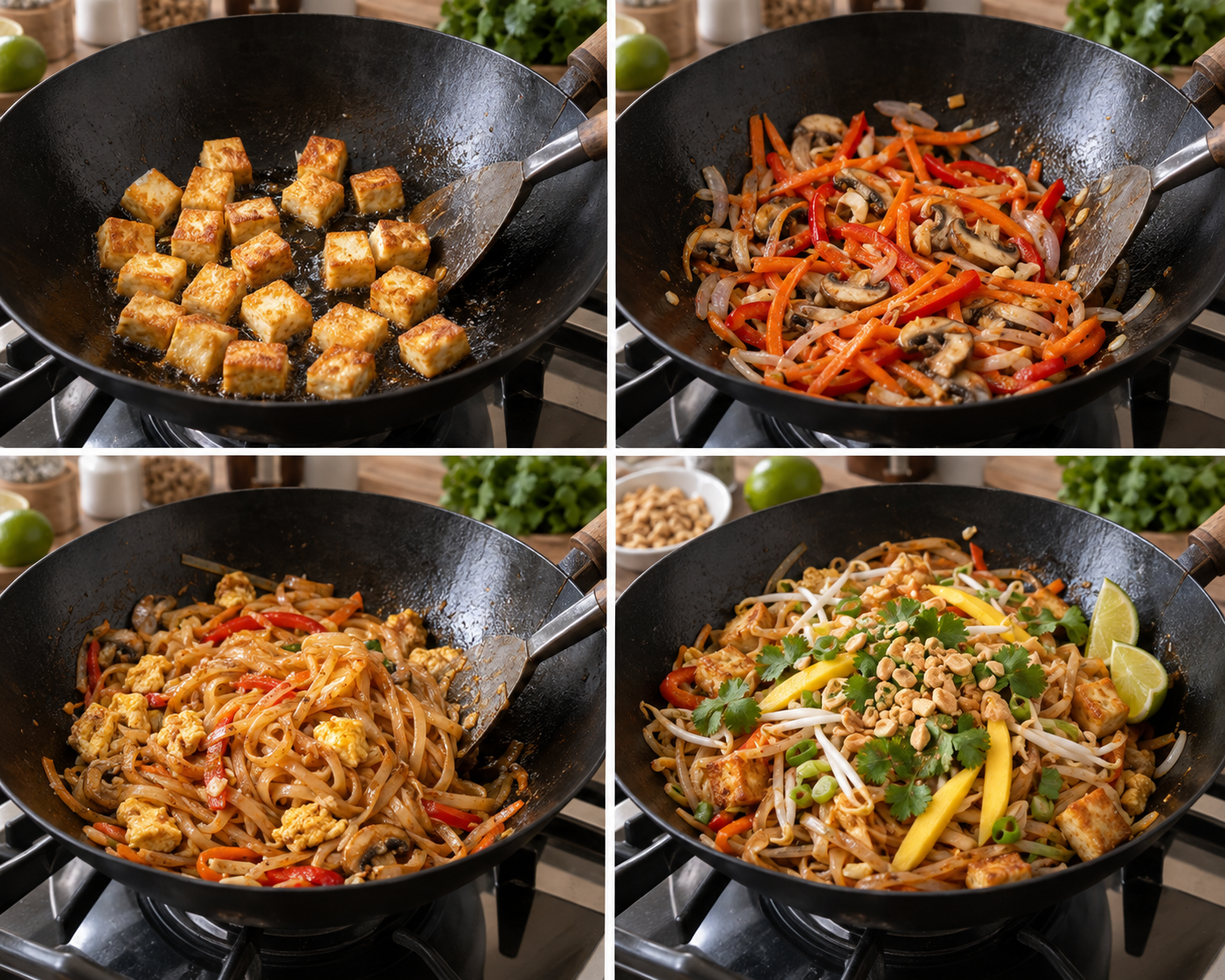 Tofu braten, Gemüse garen, Reisnudeln würzen und Pad Thai fertigstellen