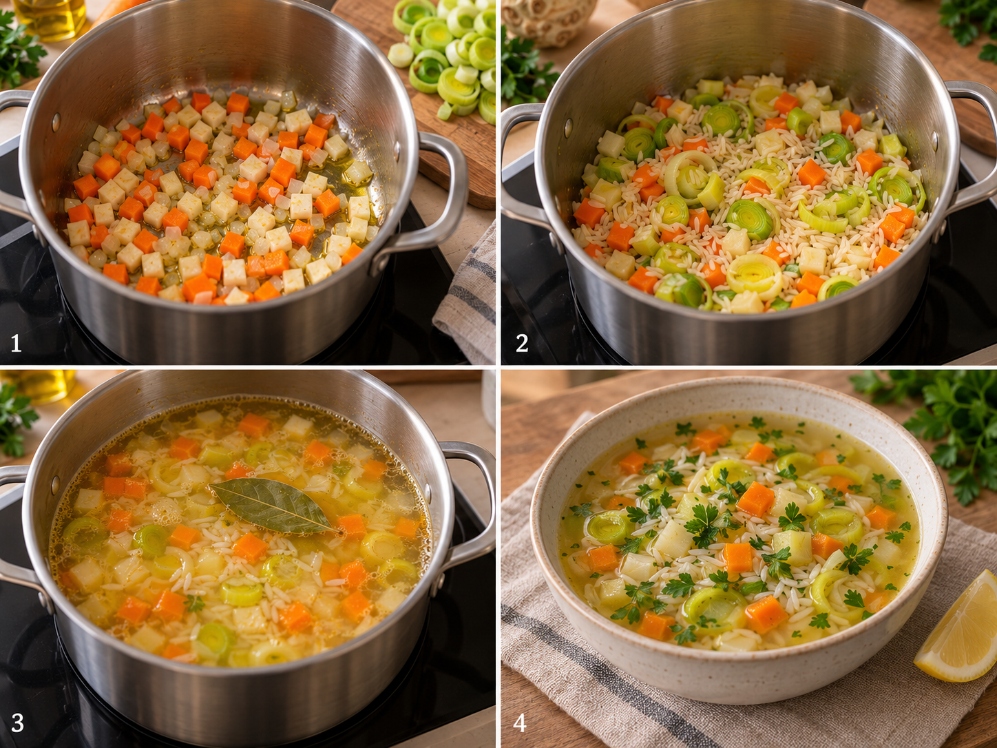 Zubereitungsschritte für Reissuppe mit Gemüse
