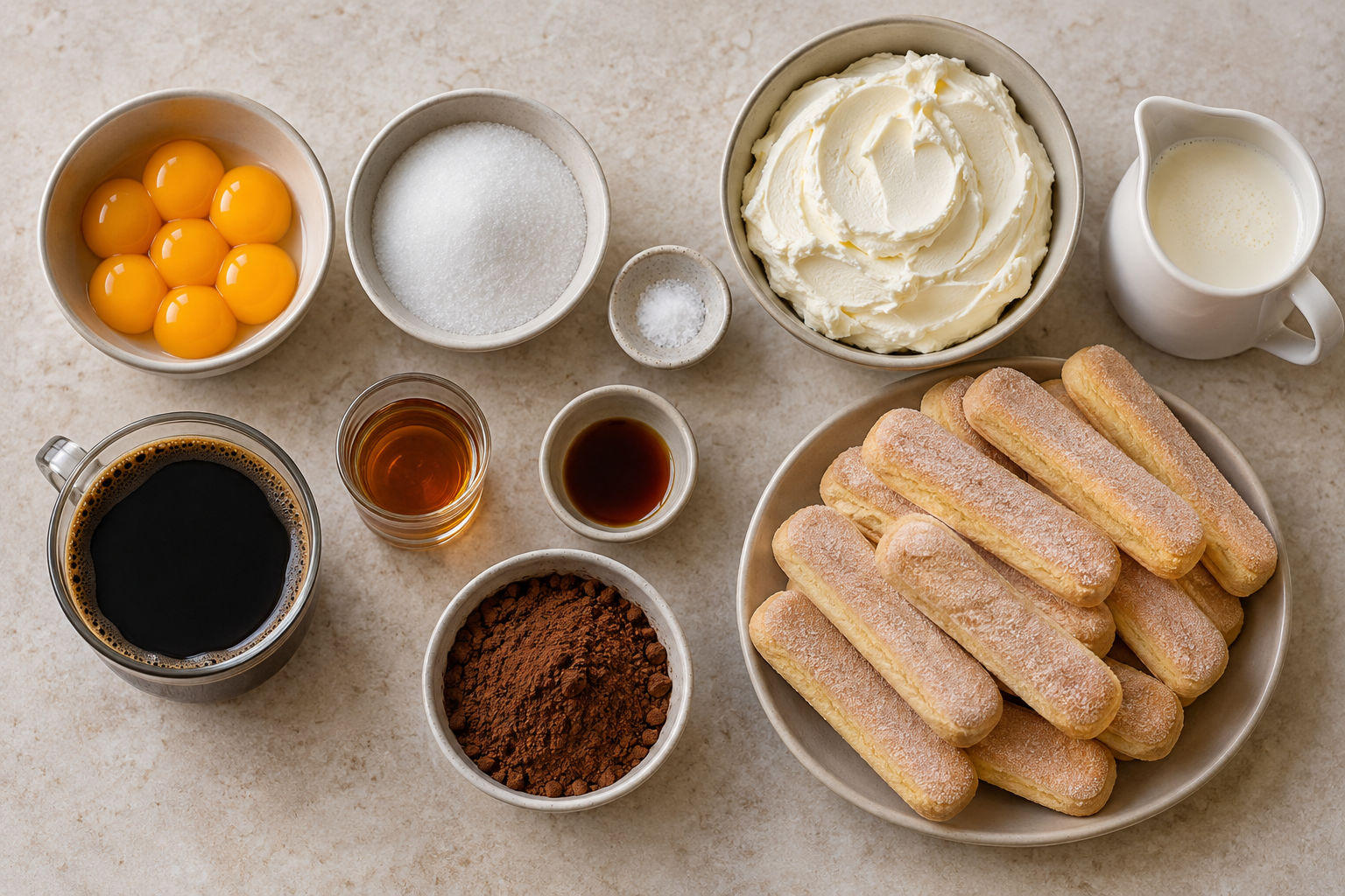 Zutaten für klassisches Tiramisu übersichtlich angeordnet
