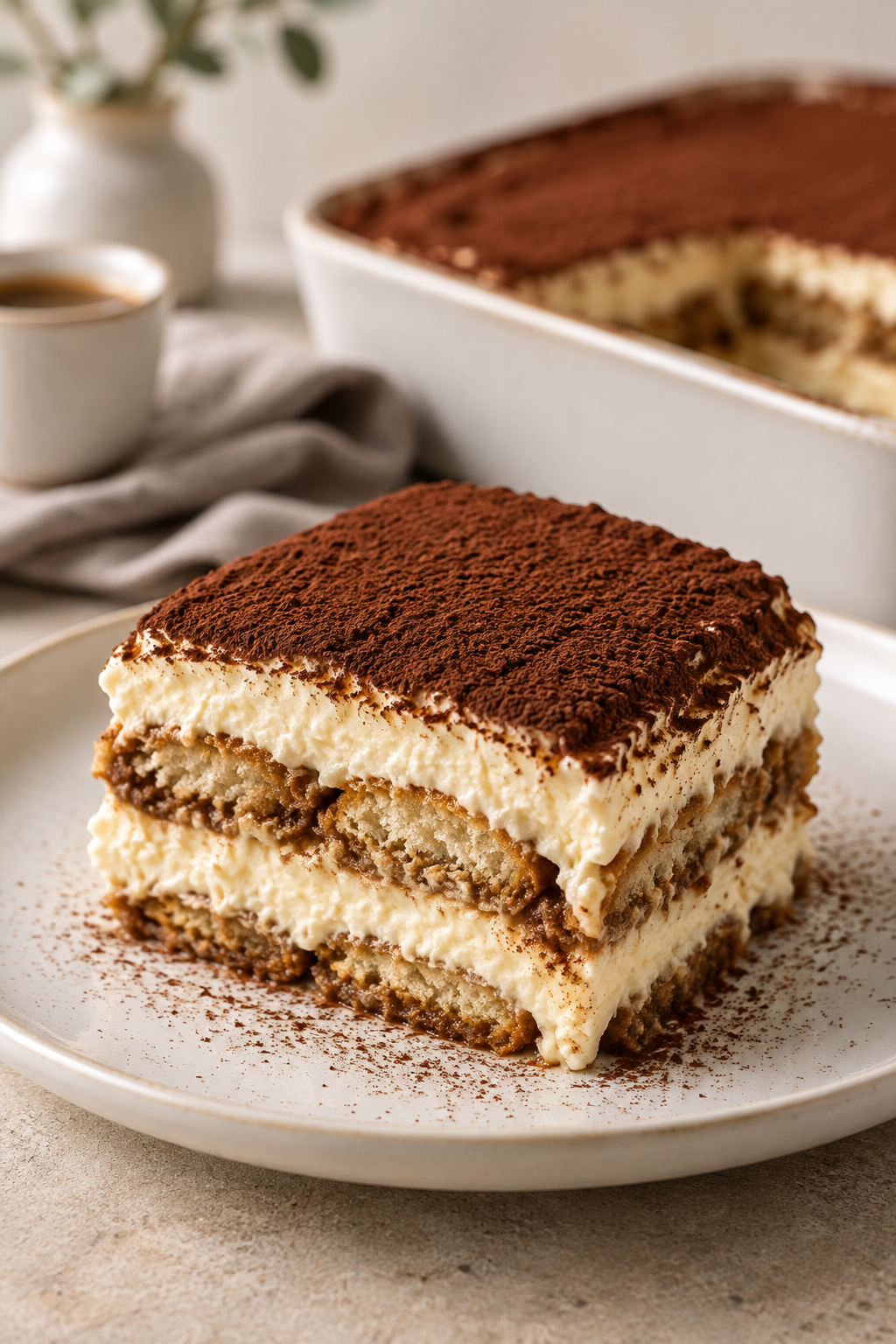Cremiges klassisches Tiramisu mit feiner Kakaoschicht