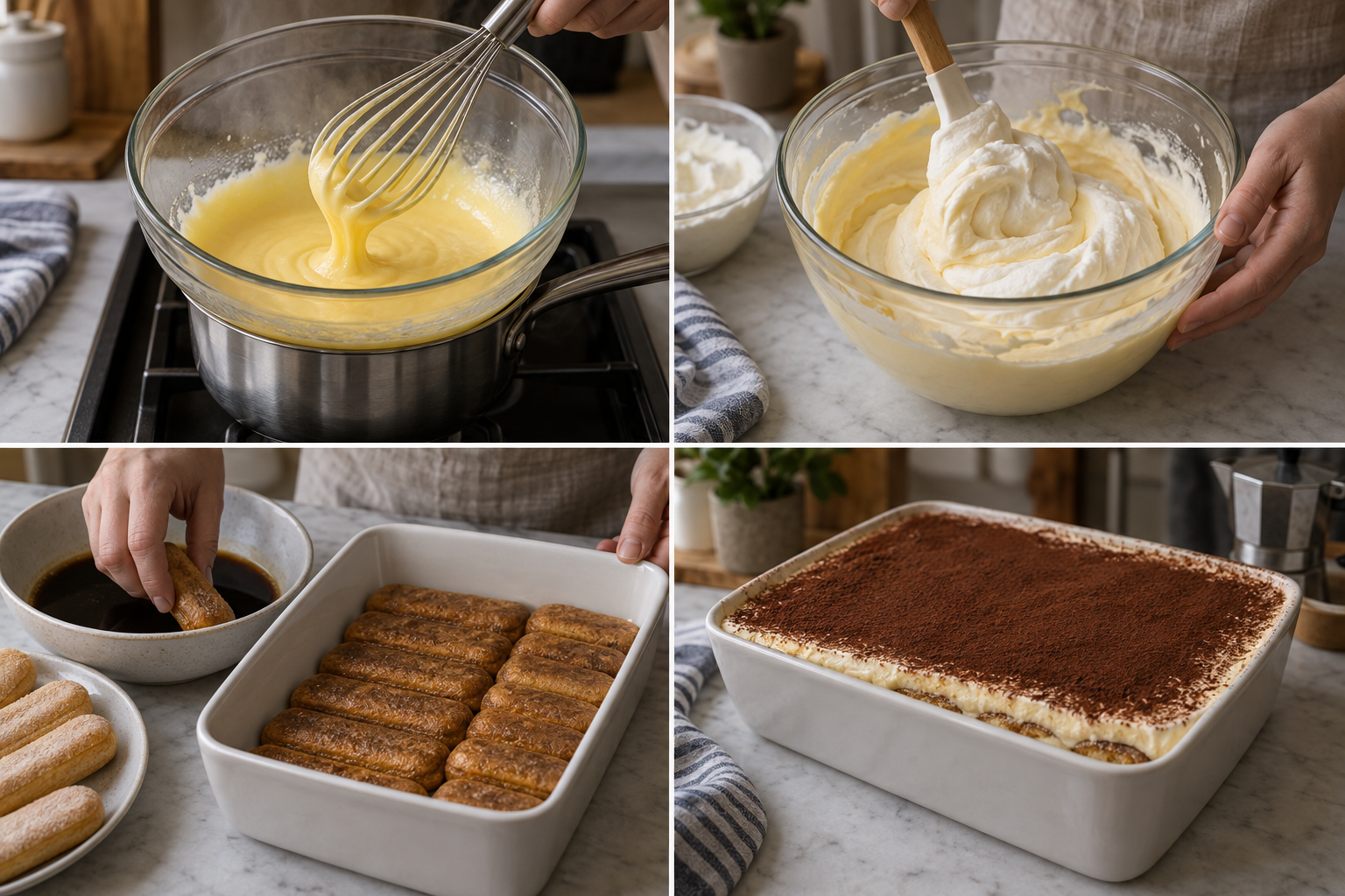 Eigelbcreme garen, Mascarponecreme mischen, Biskuits tränken und Tiramisu schichten
