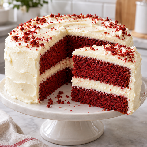 Red Velvet Cake mit Frischkäse-Frosting und zwei roten Kuchenschichten