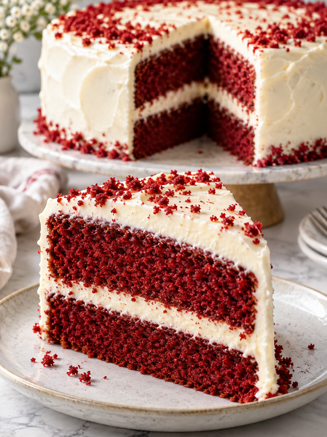 Stück Red Velvet Cake mit cremigem Frischkäse-Frosting