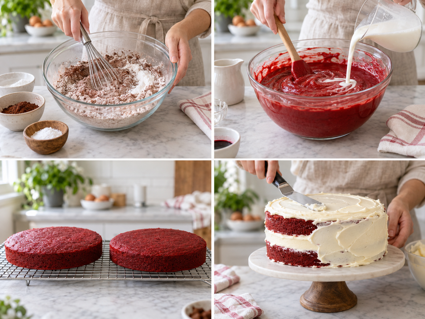 Vier Zubereitungsschritte für Red Velvet Cake vom Teig bis zum Frosting