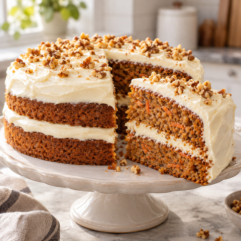 Saftiger Karottenkuchen mit Frischkäse-Frosting auf einer Keramikplatte
