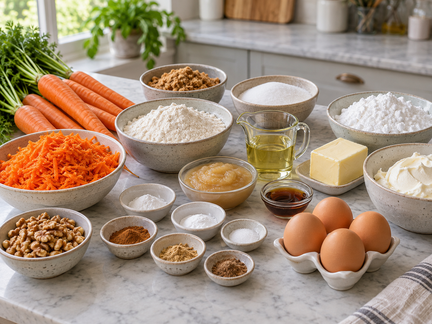 Zutaten für Karottenkuchen mit Möhren, Gewürzen und Frischkäse
