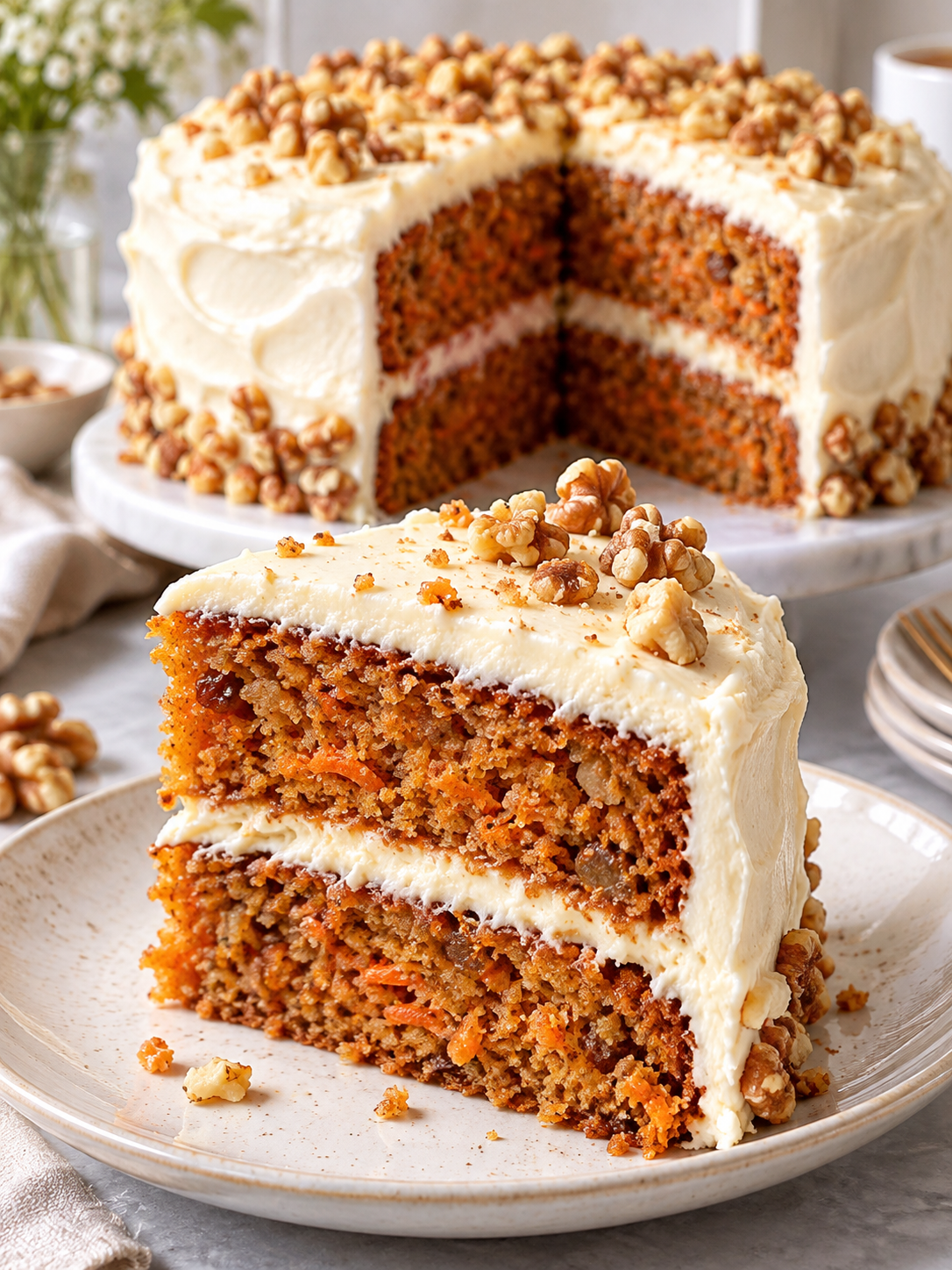 Angeschnittener Karottenkuchen mit cremigem Frischkäse-Frosting