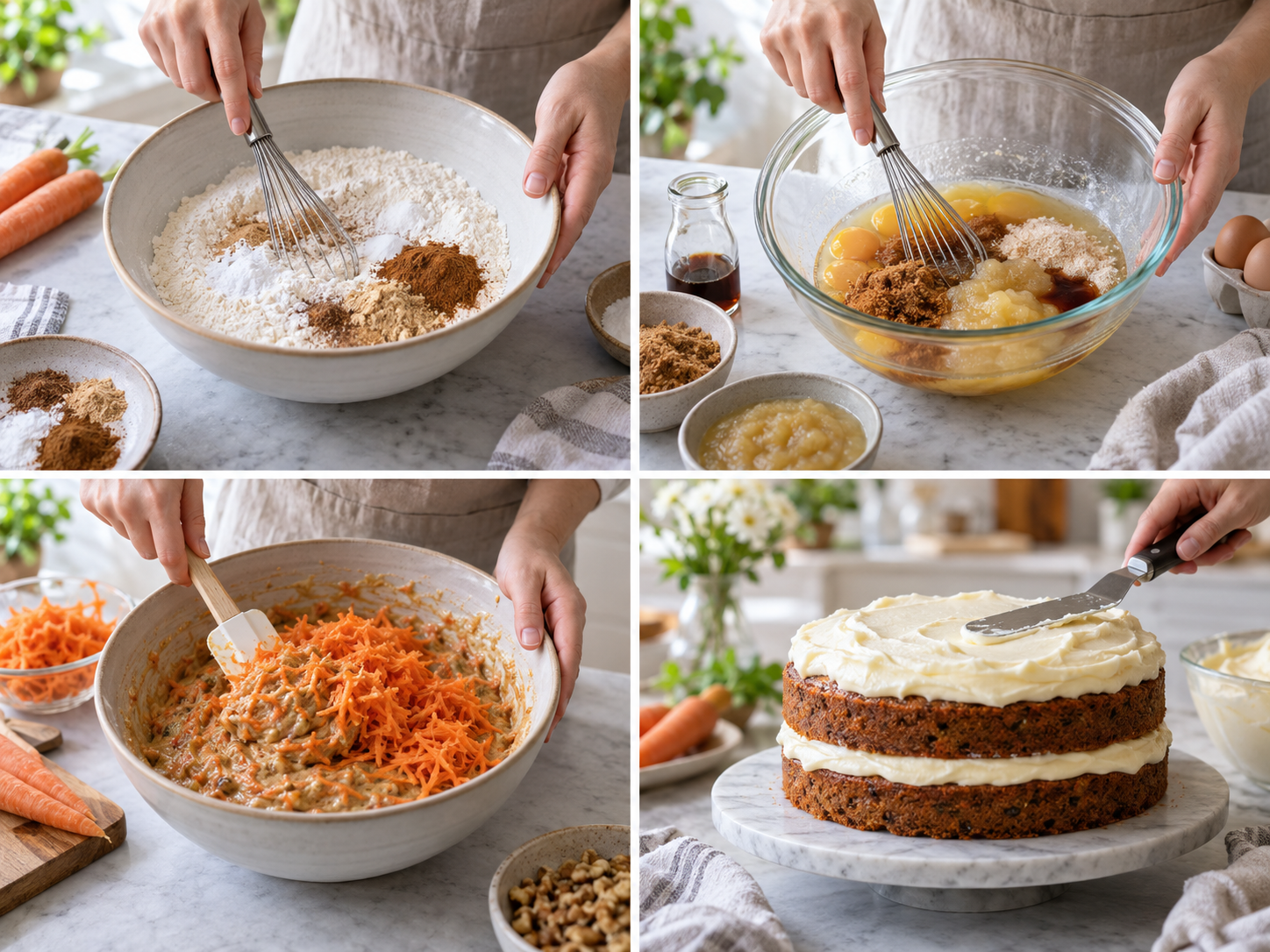 Vier Zubereitungsschritte für Karottenkuchen vom Teig bis zum Frosting