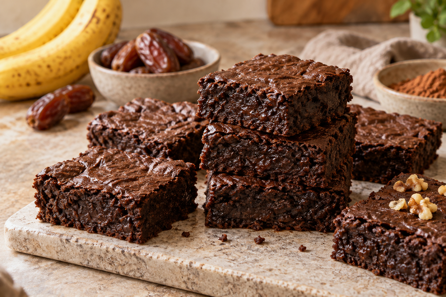 Saftige Brownies ohne zugesetzten Zucker mit Datteln und Banane