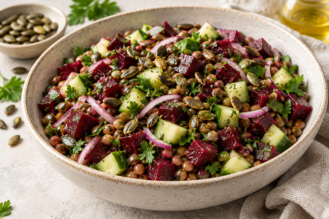 Rote-Bete-Linsen-Salat mit Gurke, Petersilie und Kürbiskernen
